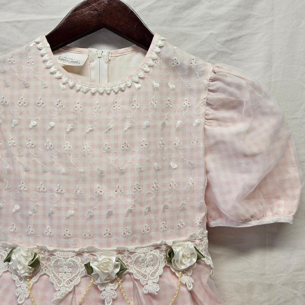 Vintage Girls Size 12 Pink Gingham‎ Organza Dress Lace Floral Pearl Accents USA